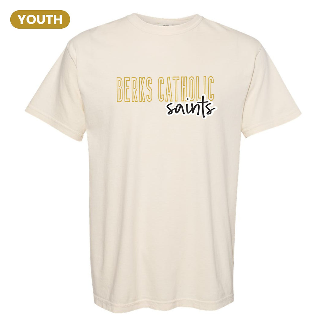 Berks Catholic Saints Outline Script youth comfort colors t-shirt in Ivory: outlined BERKS CATHOLIC letters with saints script across the front