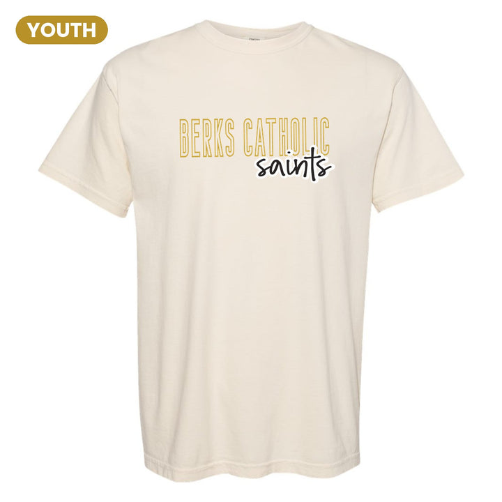 Berks Catholic Saints Outline Script youth comfort colors t-shirt in Ivory: outlined BERKS CATHOLIC letters with saints script across the front