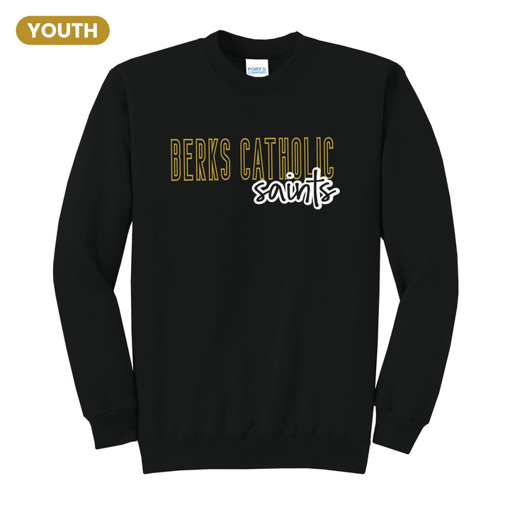 Berks Catholic Saints Outline Script youth crewneck sweatshirt in Jet Black: outlined BERKS CATHOLIC letters with saints script across the front