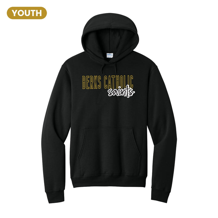 Berks Catholic Saints Outline Script youth hoodie in Jet Black: outlined BERKS CATHOLIC letters with saints script across the front