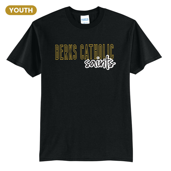 Berks Catholic Saints Outline Script youth t-shirt in Jet Black: outlined BERKS CATHOLIC letters with saints script across the front