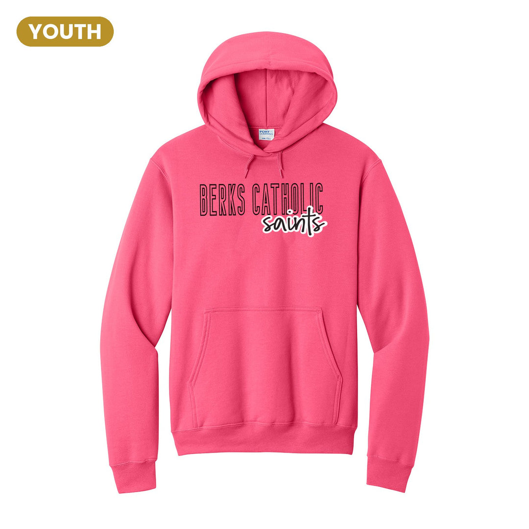 Berks Catholic Saints Outline Script youth hoodie in Neon Pink: outlined BERKS CATHOLIC letters with saints script across the front