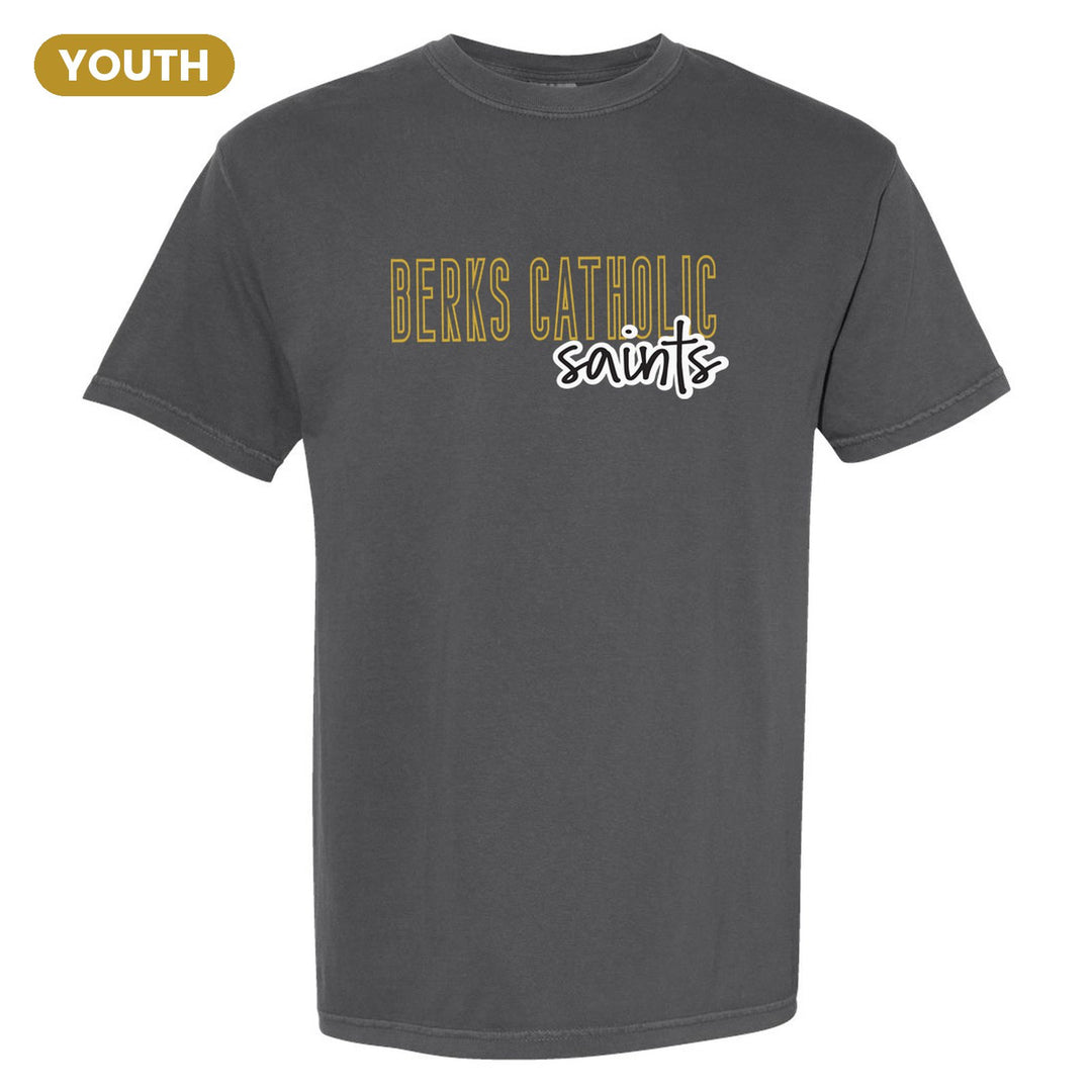Berks Catholic Saints Outline Script youth comfort colors t-shirt in Pepper: outlined BERKS CATHOLIC letters with saints script across the front