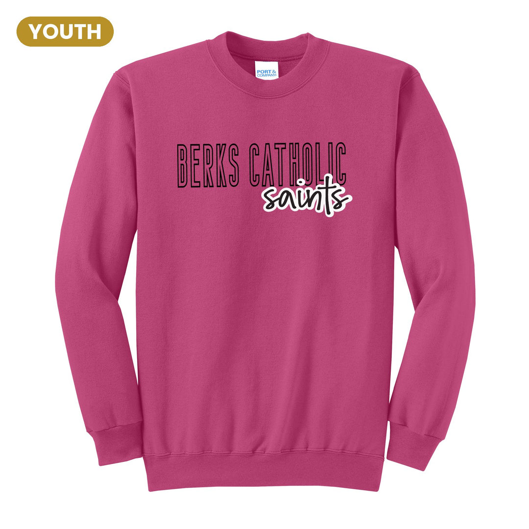 Berks Catholic Saints Outline Script youth crewneck sweatshirt in Sangria: outlined BERKS CATHOLIC letters with saints script across the front