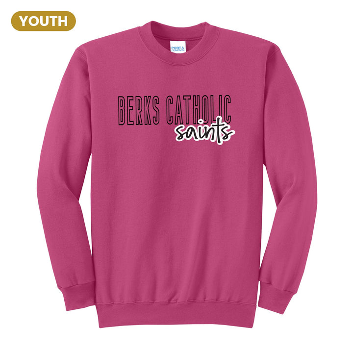 Berks Catholic Saints Outline Script youth crewneck sweatshirt in Sangria: outlined BERKS CATHOLIC letters with saints script across the front