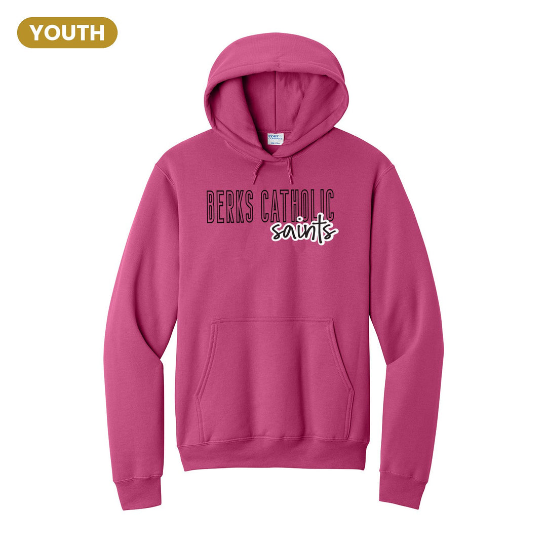 Berks Catholic Saints Outline Script youth hoodie in Sangria: outlined BERKS CATHOLIC letters with saints script across the front