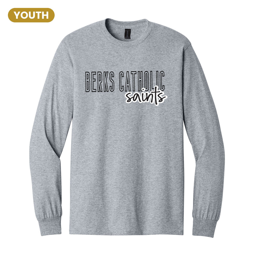 Berks Catholic Saints Outline Script youth long sleeve t-shirt in Sport Grey: outlined BERKS CATHOLIC letters with saints script across the front
