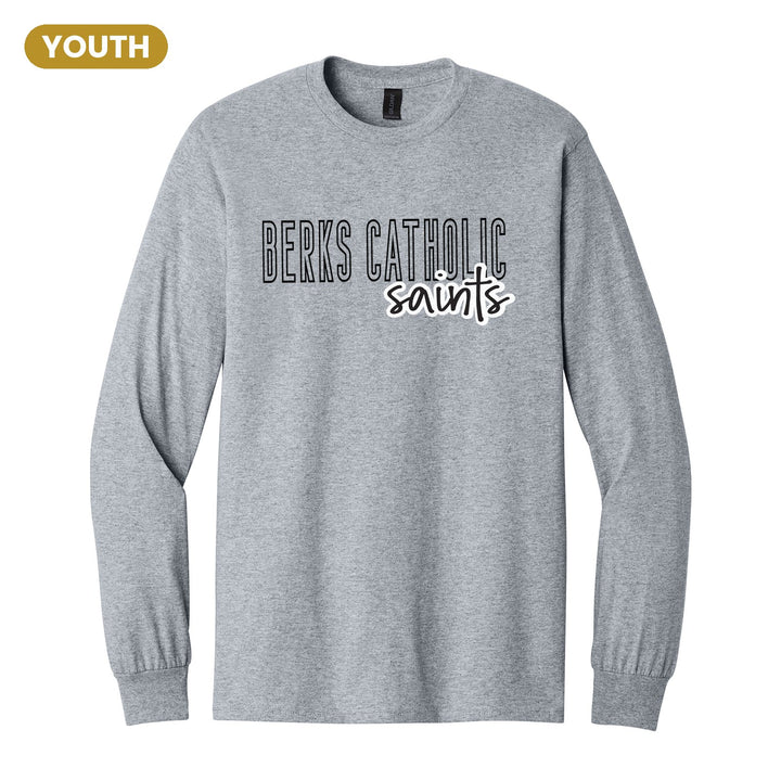 Berks Catholic Saints Outline Script youth long sleeve t-shirt in Sport Grey: outlined BERKS CATHOLIC letters with saints script across the front