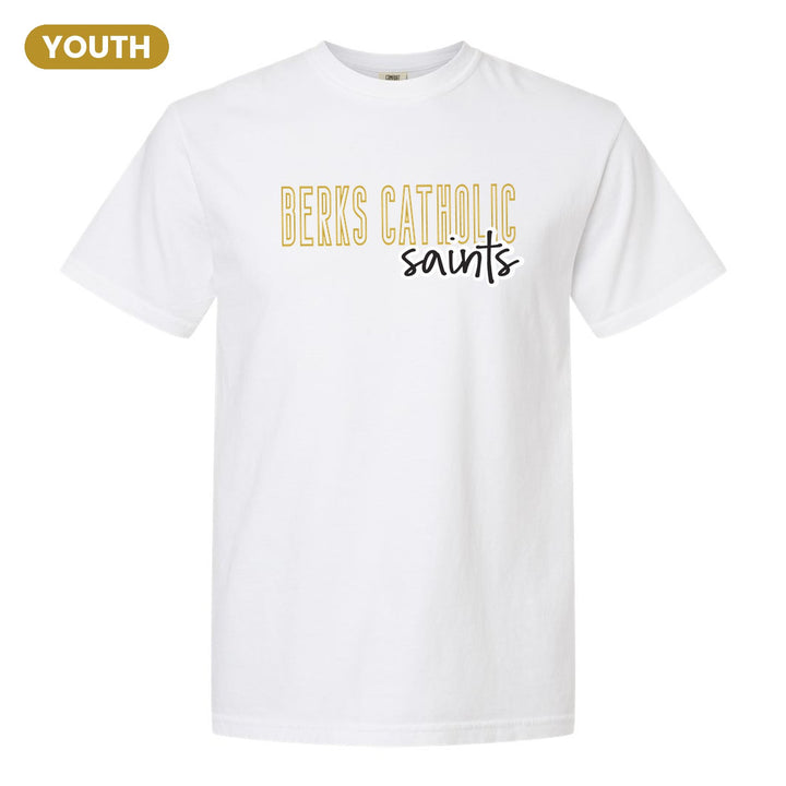 Berks Catholic Saints Outline Script youth comfort colors t-shirt in White: outlined BERKS CATHOLIC letters with saints script across the front