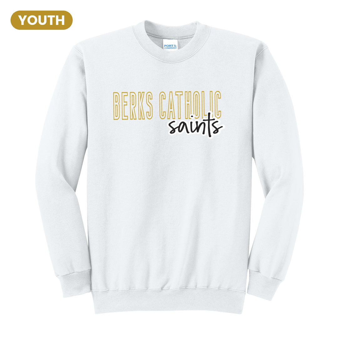Berks Catholic Saints Outline Script youth crewneck sweatshirt in White: outlined BERKS CATHOLIC letters with saints script across the front