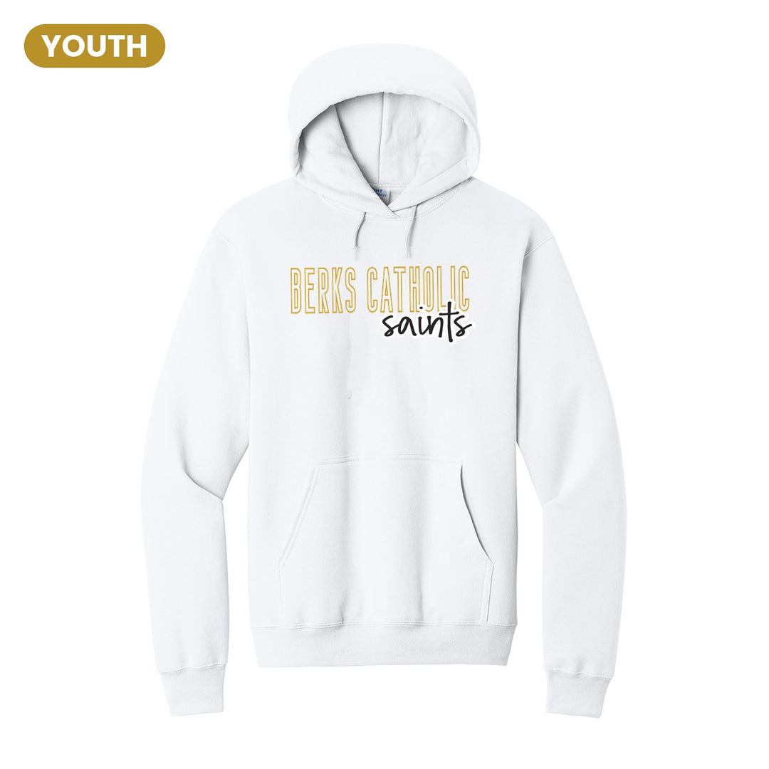 Berks Catholic Saints Outline Script youth hoodie in White: outlined BERKS CATHOLIC letters with saints script across the front