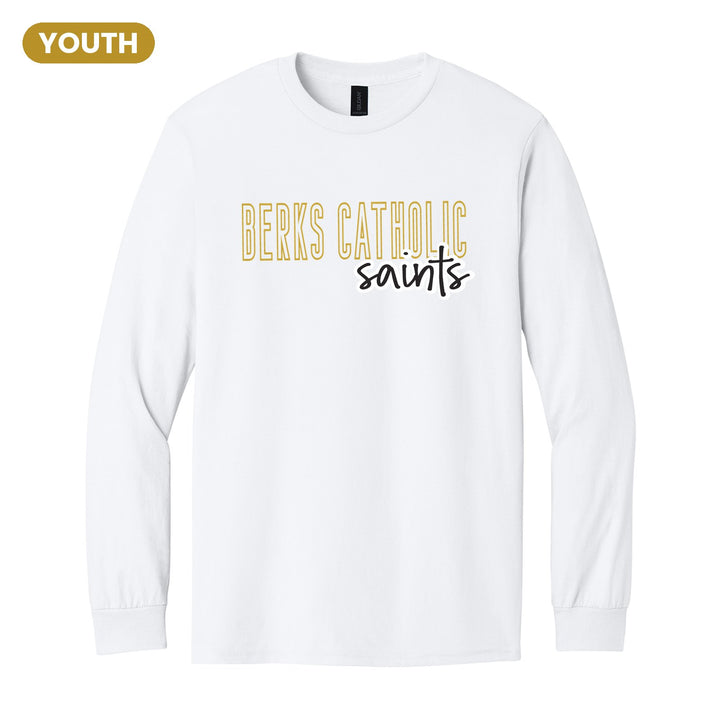 Berks Catholic Saints Outline Script youth long sleeve t-shirt in White: outlined BERKS CATHOLIC letters with saints script across the front