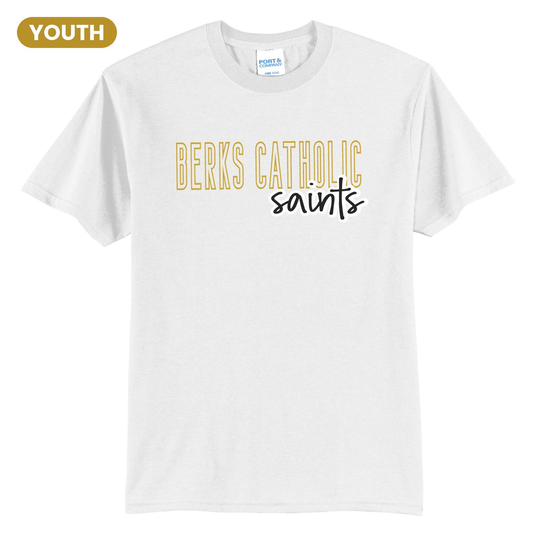 Berks Catholic Saints Outline Script youth t-shirt in White: outlined BERKS CATHOLIC letters with saints script across the front