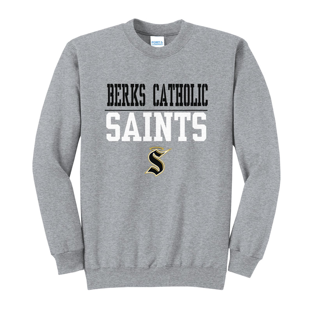 Berks Catholic Saints Split Block crewneck sweatshirt in Athletic Heather: BERKS CATHOLIC over a thin rule, big SAINTS block letters and the halo S