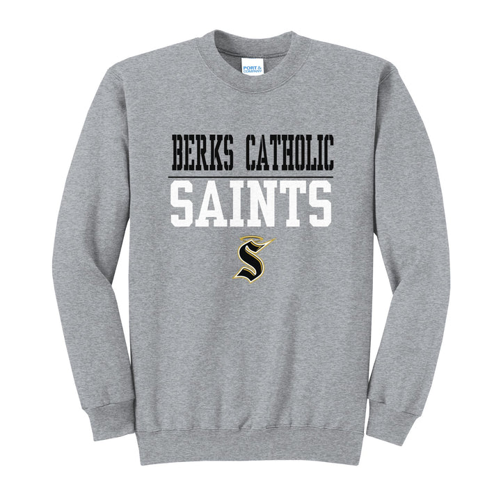 Berks Catholic Saints Split Block crewneck sweatshirt in Athletic Heather: BERKS CATHOLIC over a thin rule, big SAINTS block letters and the halo S