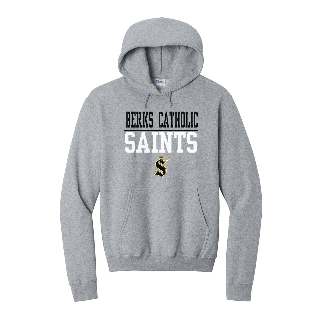 Berks Catholic Saints Split Block hoodie in Athletic Heather: BERKS CATHOLIC over a thin rule, big SAINTS block letters and the halo S