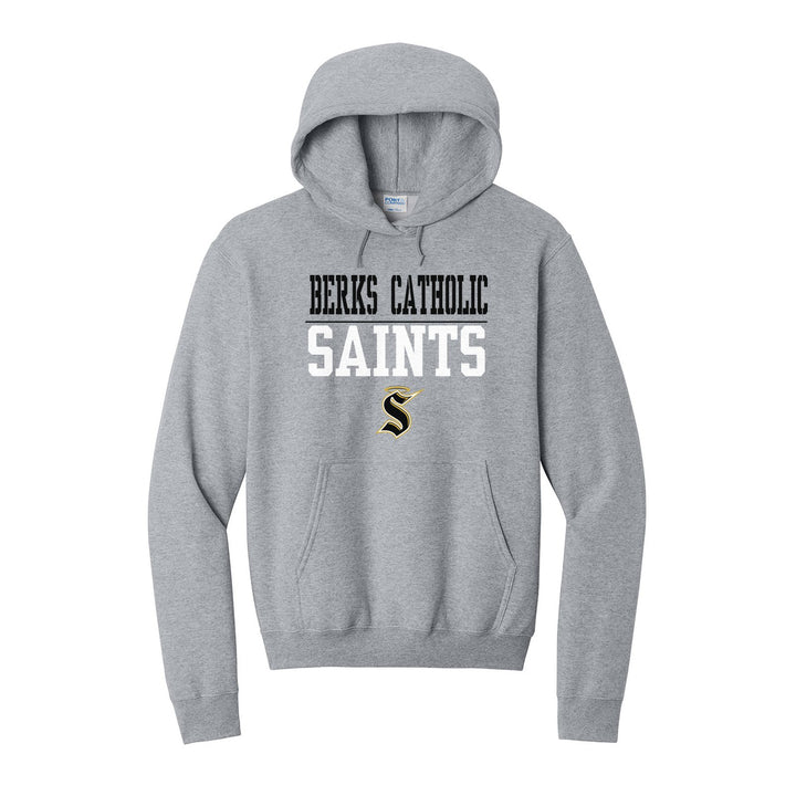 Berks Catholic Saints Split Block hoodie in Athletic Heather: BERKS CATHOLIC over a thin rule, big SAINTS block letters and the halo S