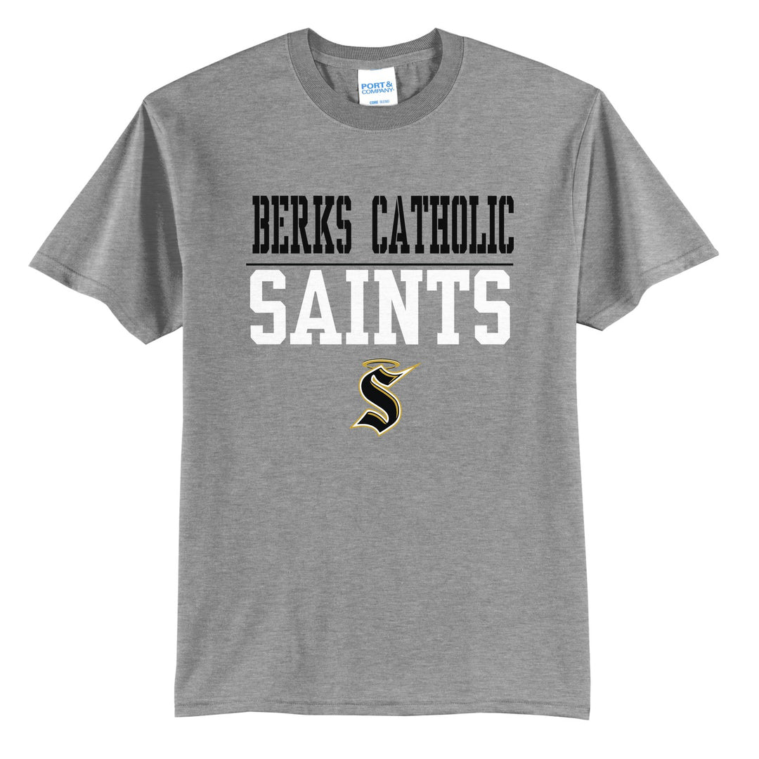 Berks Catholic Saints Split Block t-shirt in Athletic Heather: BERKS CATHOLIC over a thin rule, big SAINTS block letters and the halo S