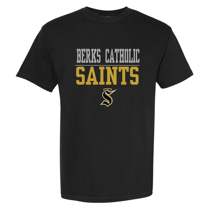 Berks Catholic Saints Split Block comfort colors t-shirt in Black: BERKS CATHOLIC over a thin rule, big SAINTS block letters and the halo S