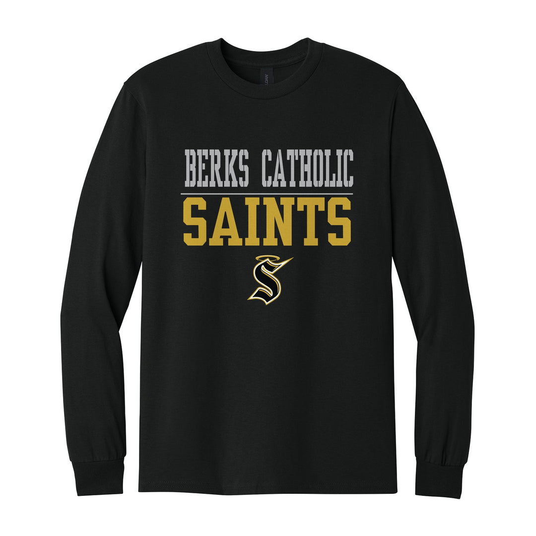 Berks Catholic Saints Split Block long sleeve t-shirt in Black: BERKS CATHOLIC over a thin rule, big SAINTS block letters and the halo S