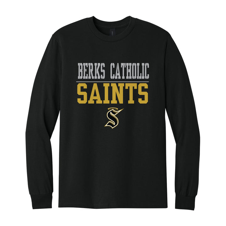 Berks Catholic Saints Split Block long sleeve t-shirt in Black: BERKS CATHOLIC over a thin rule, big SAINTS block letters and the halo S