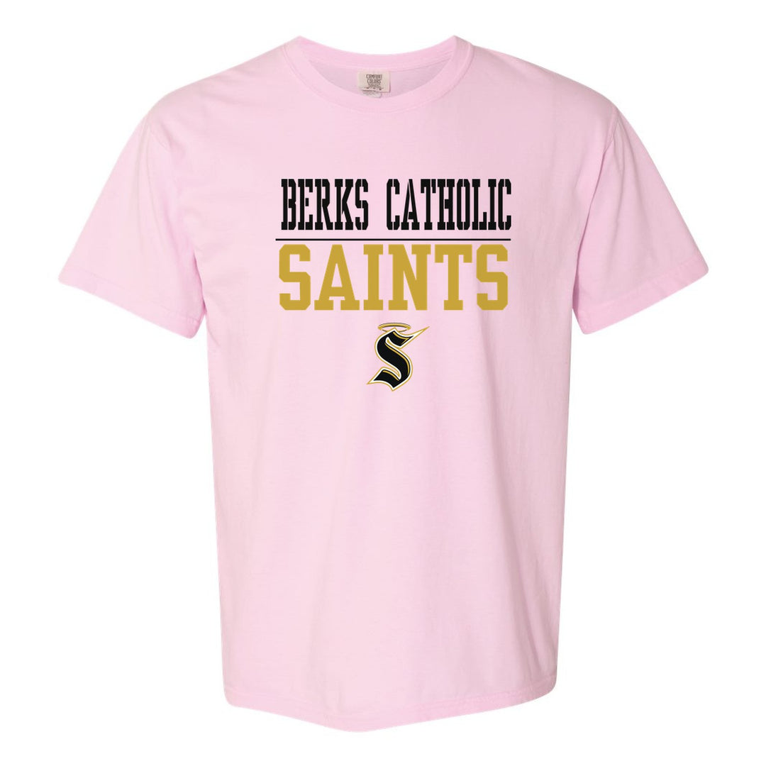 Berks Catholic Saints Split Block comfort colors t-shirt in Blossom: BERKS CATHOLIC over a thin rule, big SAINTS block letters and the halo S