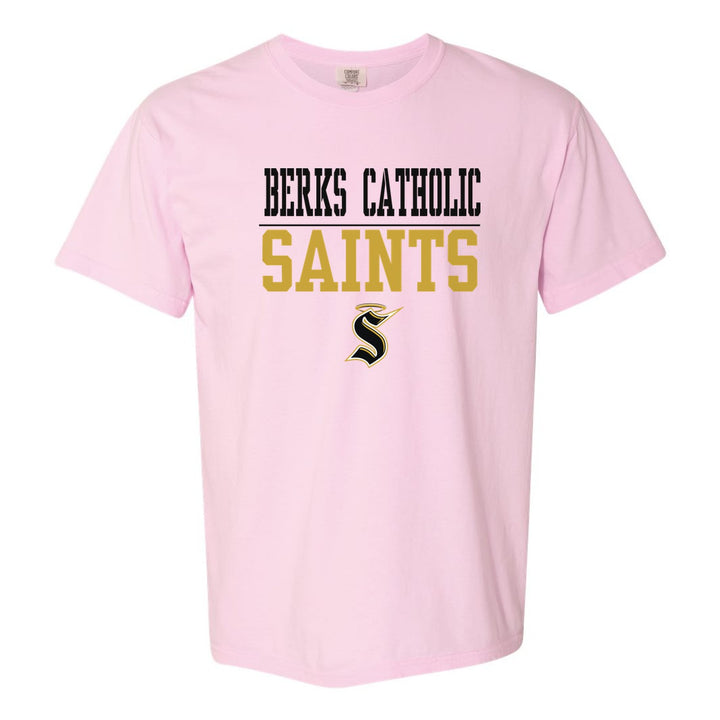 Berks Catholic Saints Split Block comfort colors t-shirt in Blossom: BERKS CATHOLIC over a thin rule, big SAINTS block letters and the halo S