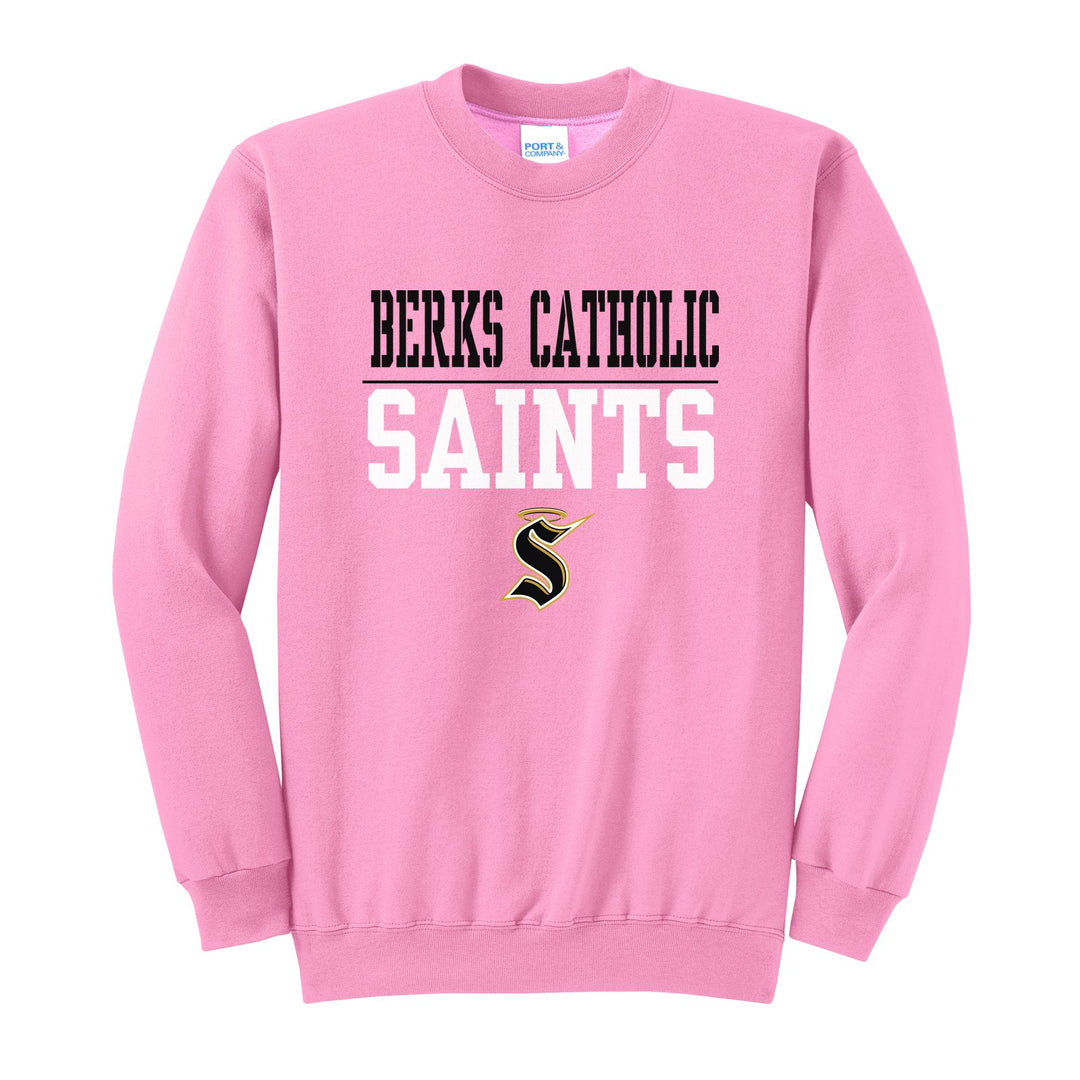 Berks Catholic Saints Split Block crewneck sweatshirt in Candy Pink: BERKS CATHOLIC over a thin rule, big SAINTS block letters and the halo S