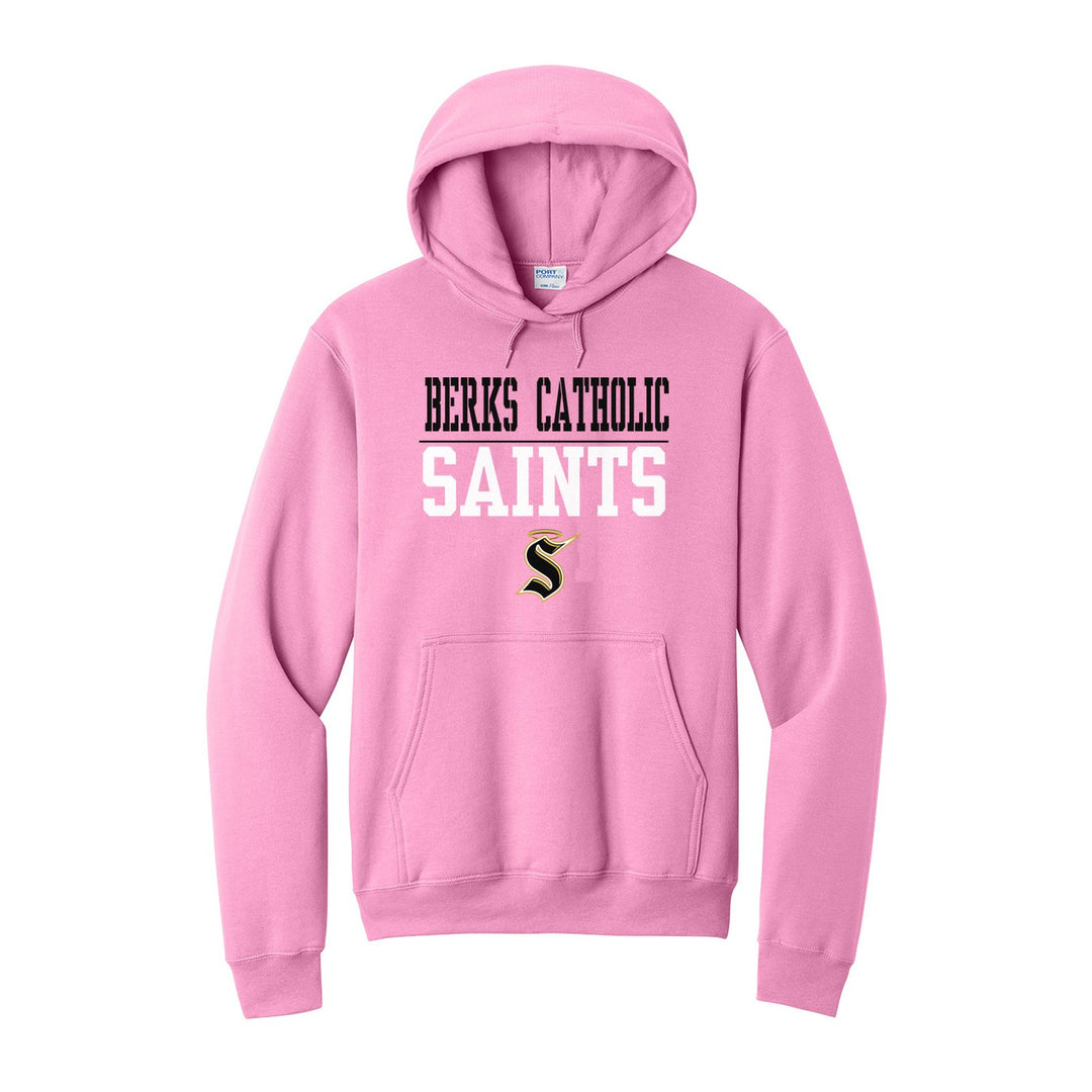 Berks Catholic Saints Split Block hoodie in Candy Pink: BERKS CATHOLIC over a thin rule, big SAINTS block letters and the halo S