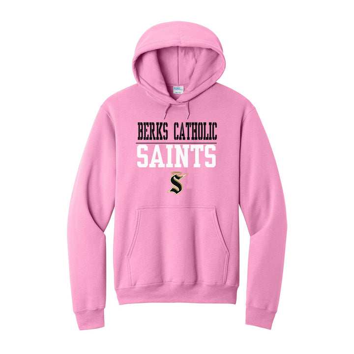 Berks Catholic Saints Split Block hoodie in Candy Pink: BERKS CATHOLIC over a thin rule, big SAINTS block letters and the halo S