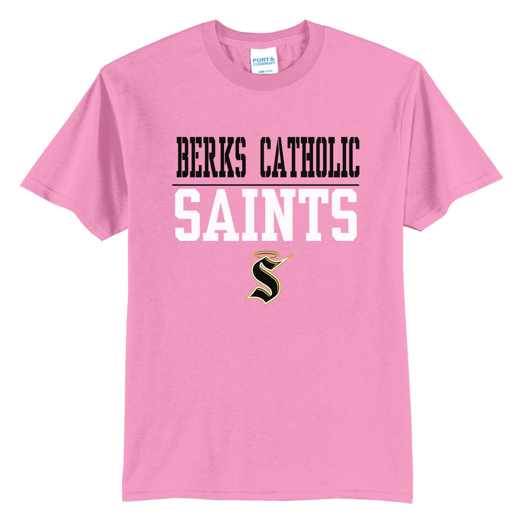 Berks Catholic Saints Split Block t-shirt in Candy Pink: BERKS CATHOLIC over a thin rule, big SAINTS block letters and the halo S