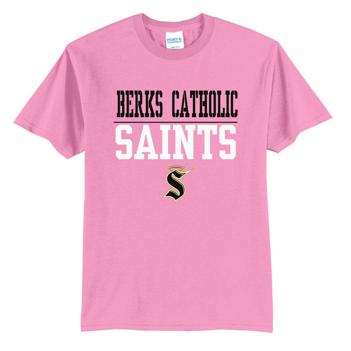 Berks Catholic Saints Split Block t-shirt in Candy Pink: BERKS CATHOLIC over a thin rule, big SAINTS block letters and the halo S