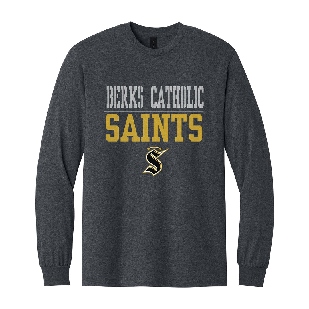 Berks Catholic Saints Split Block long sleeve t-shirt in Dark Heather: BERKS CATHOLIC over a thin rule, big SAINTS block letters and the halo S