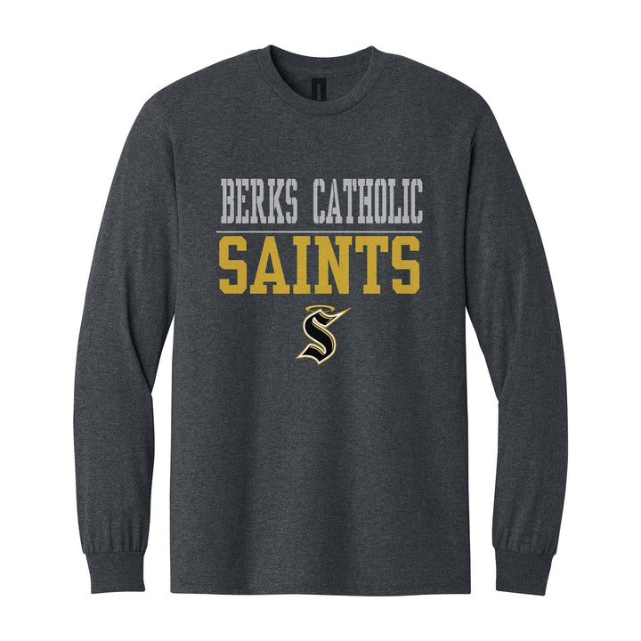 Berks Catholic Saints Split Block long sleeve t-shirt in Dark Heather: BERKS CATHOLIC over a thin rule, big SAINTS block letters and the halo S