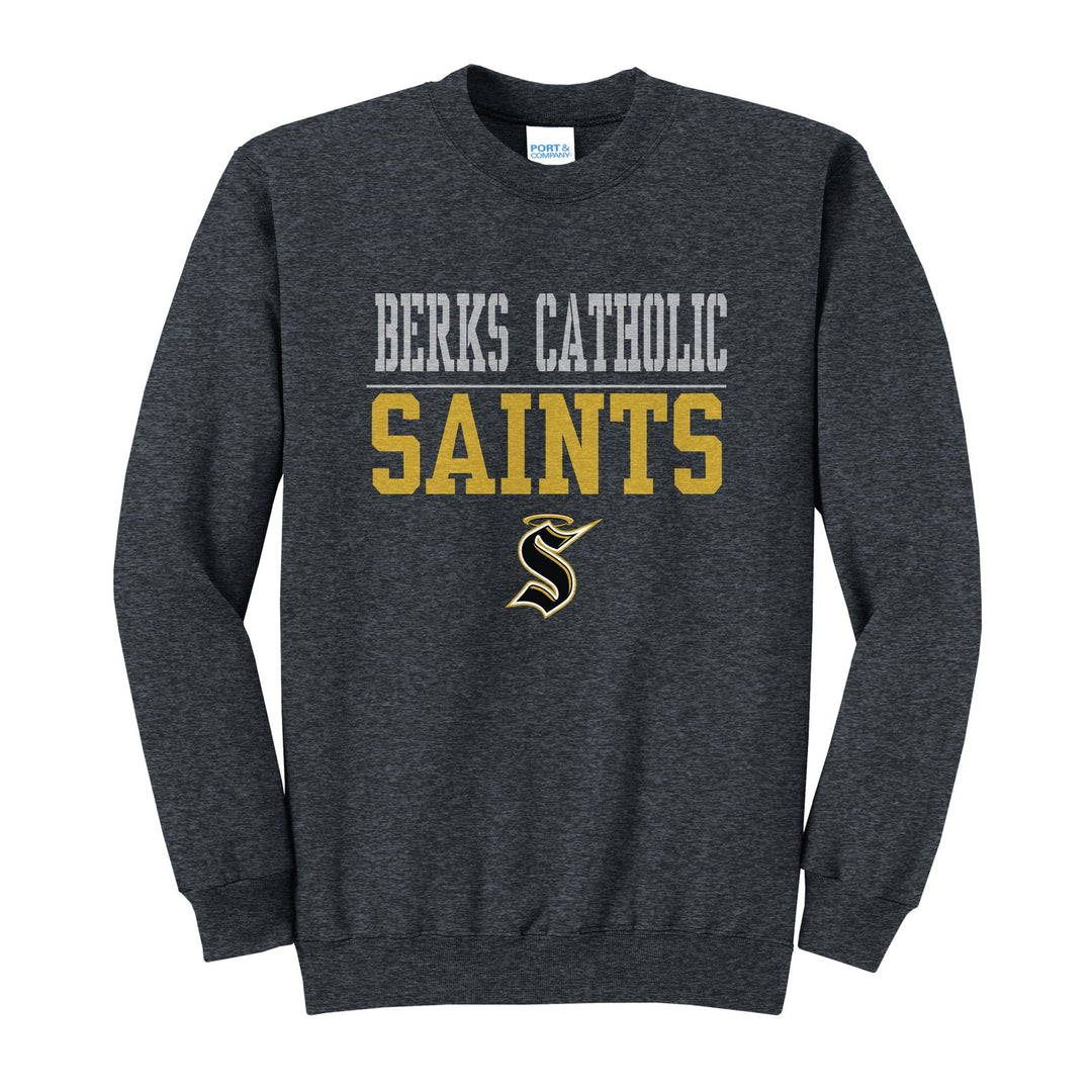 Berks Catholic Saints Split Block crewneck sweatshirt in Dark Heather Grey: BERKS CATHOLIC over a thin rule, big SAINTS block letters and the halo S