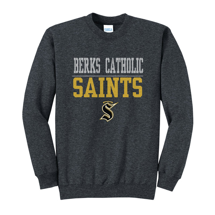 Berks Catholic Saints Split Block crewneck sweatshirt in Dark Heather Grey: BERKS CATHOLIC over a thin rule, big SAINTS block letters and the halo S