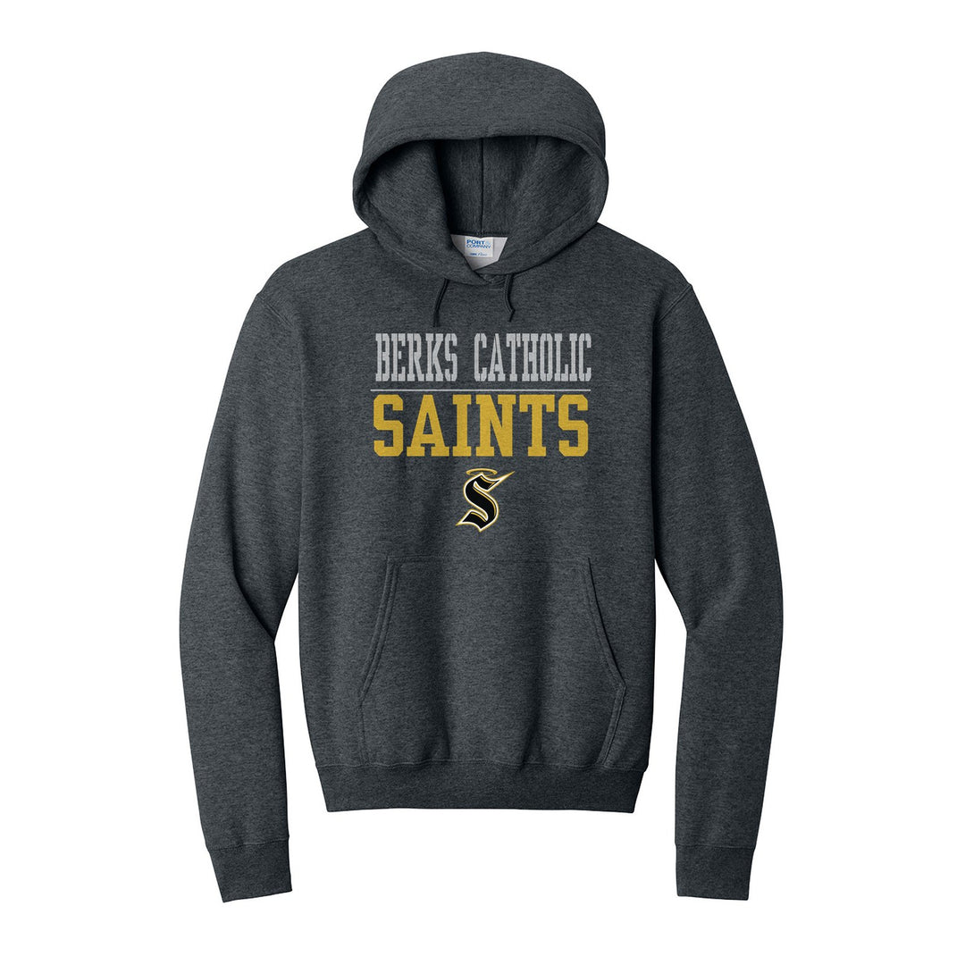 Berks Catholic Saints Split Block hoodie in Dark Heather Grey: BERKS CATHOLIC over a thin rule, big SAINTS block letters and the halo S