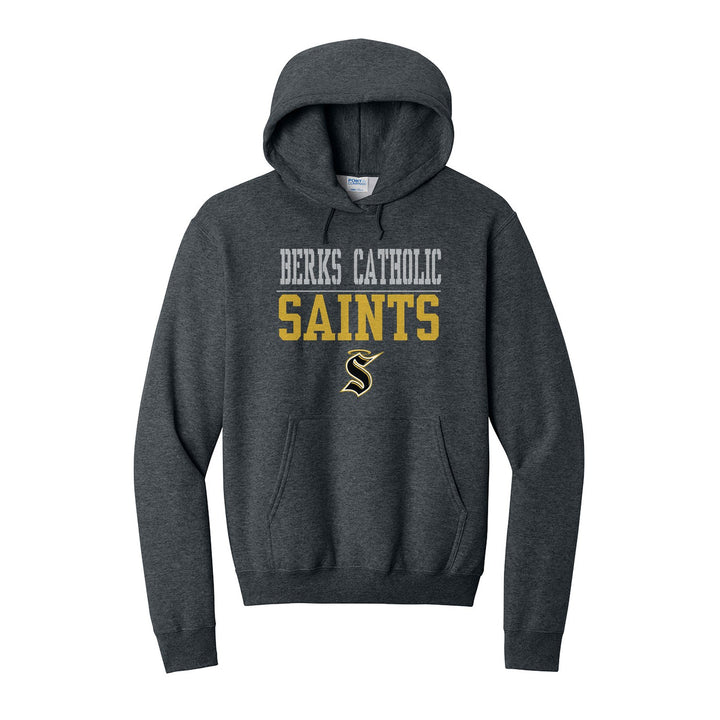 Berks Catholic Saints Split Block hoodie in Dark Heather Grey: BERKS CATHOLIC over a thin rule, big SAINTS block letters and the halo S