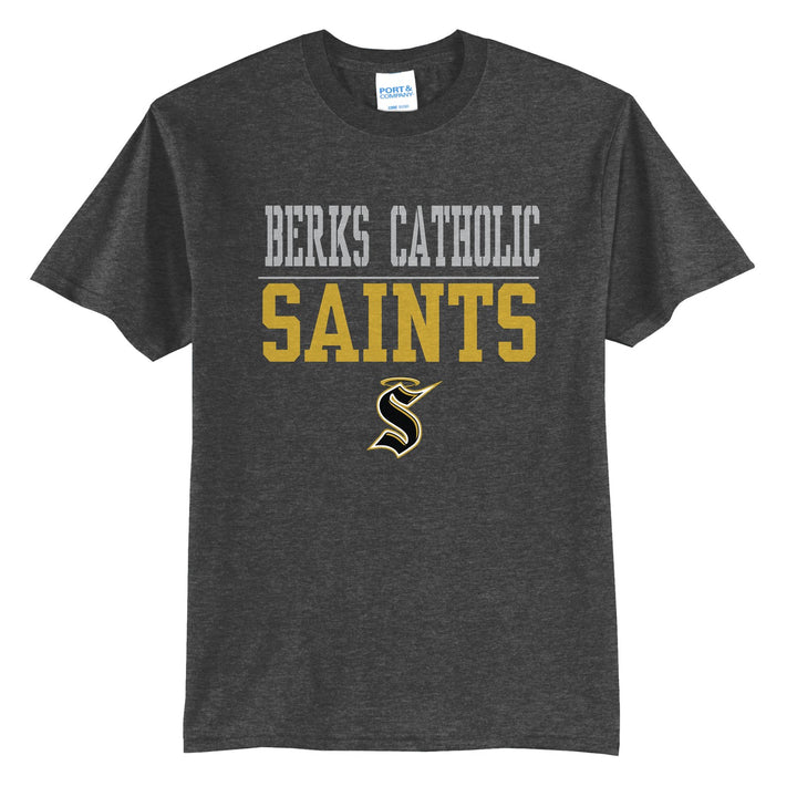 Berks Catholic Saints Split Block t-shirt in Dark Heather Grey: BERKS CATHOLIC over a thin rule, big SAINTS block letters and the halo S