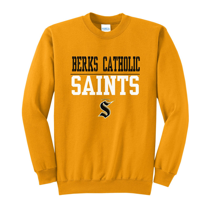 Berks Catholic Saints Split Block crewneck sweatshirt in Gold: BERKS CATHOLIC over a thin rule, big SAINTS block letters and the halo S