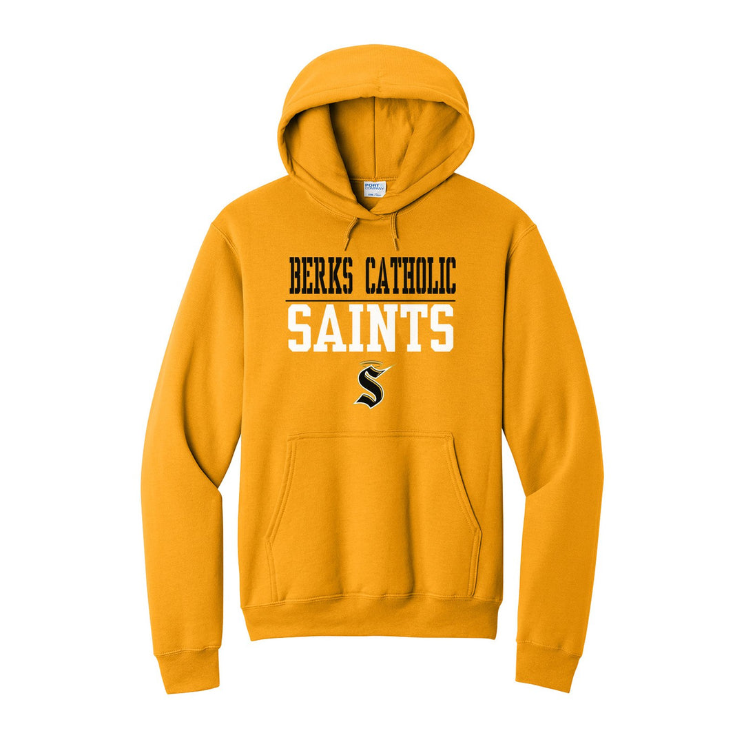 Berks Catholic Saints Split Block hoodie in Gold: BERKS CATHOLIC over a thin rule, big SAINTS block letters and the halo S