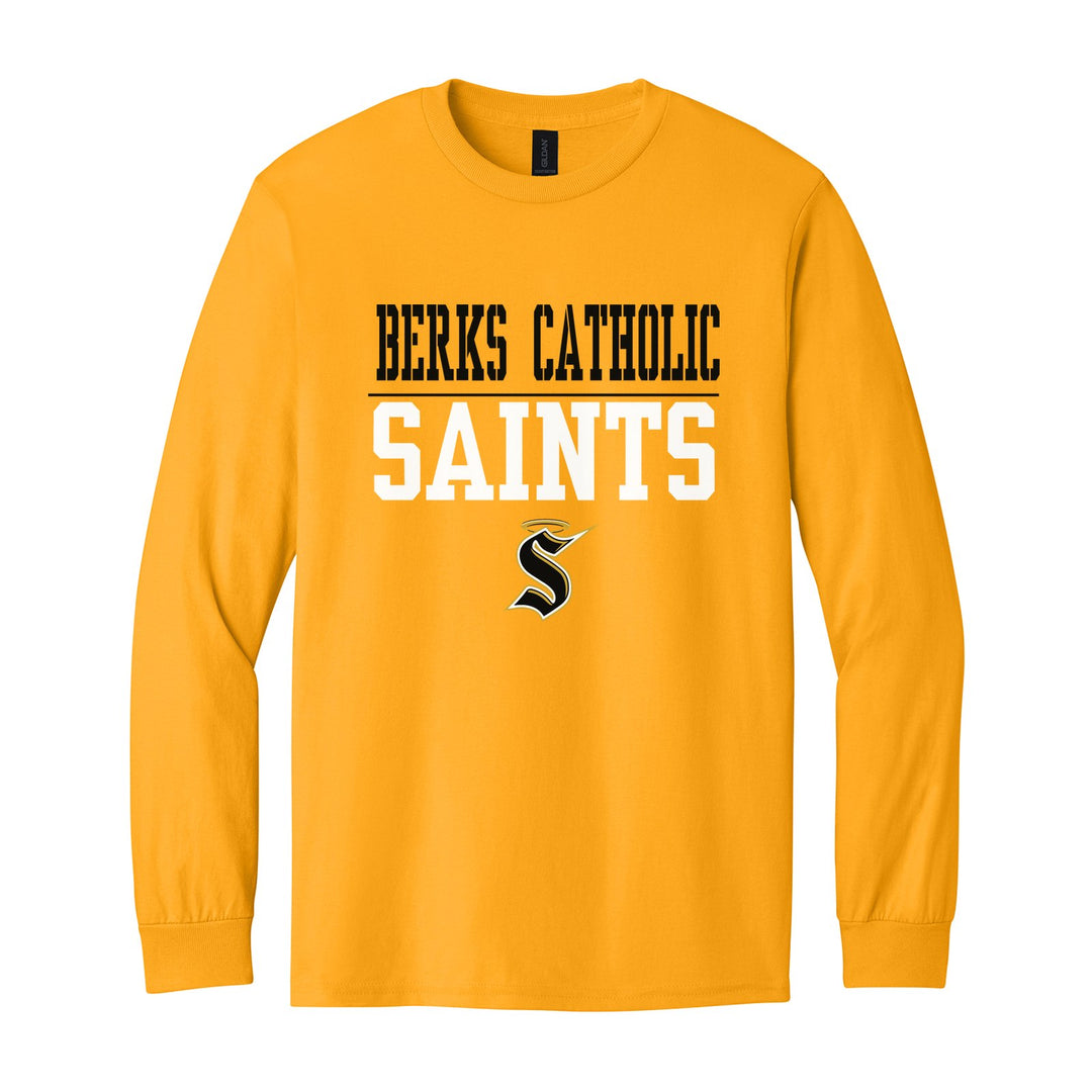 Berks Catholic Saints Split Block long sleeve t-shirt in Gold: BERKS CATHOLIC over a thin rule, big SAINTS block letters and the halo S