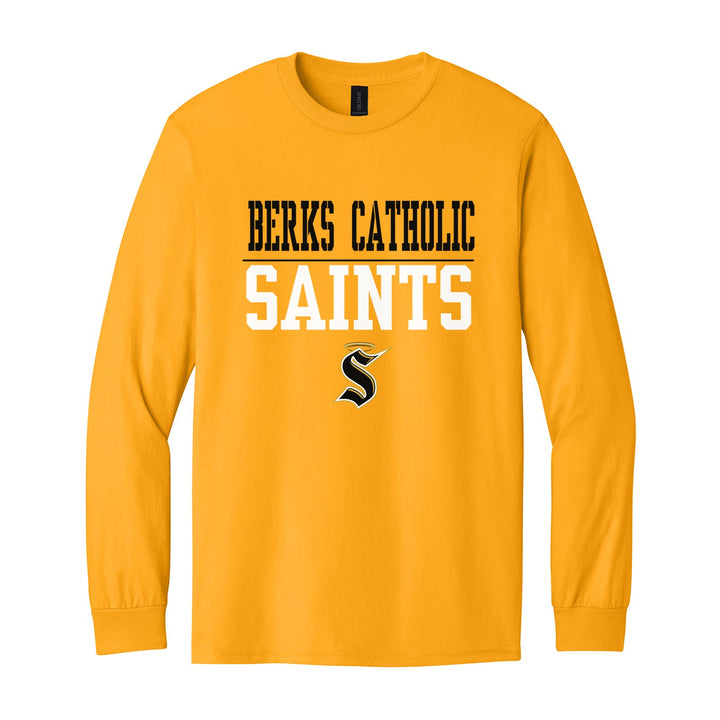 Berks Catholic Saints Split Block long sleeve t-shirt in Gold: BERKS CATHOLIC over a thin rule, big SAINTS block letters and the halo S
