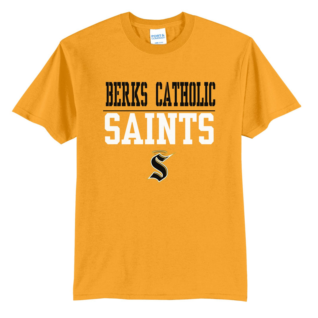 Berks Catholic Saints Split Block t-shirt in Gold: BERKS CATHOLIC over a thin rule, big SAINTS block letters and the halo S