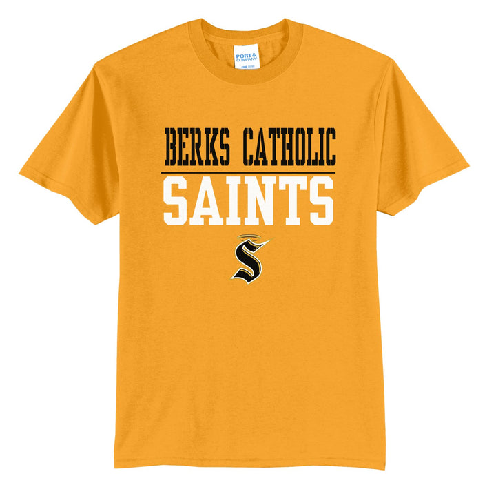 Berks Catholic Saints Split Block t-shirt in Gold: BERKS CATHOLIC over a thin rule, big SAINTS block letters and the halo S