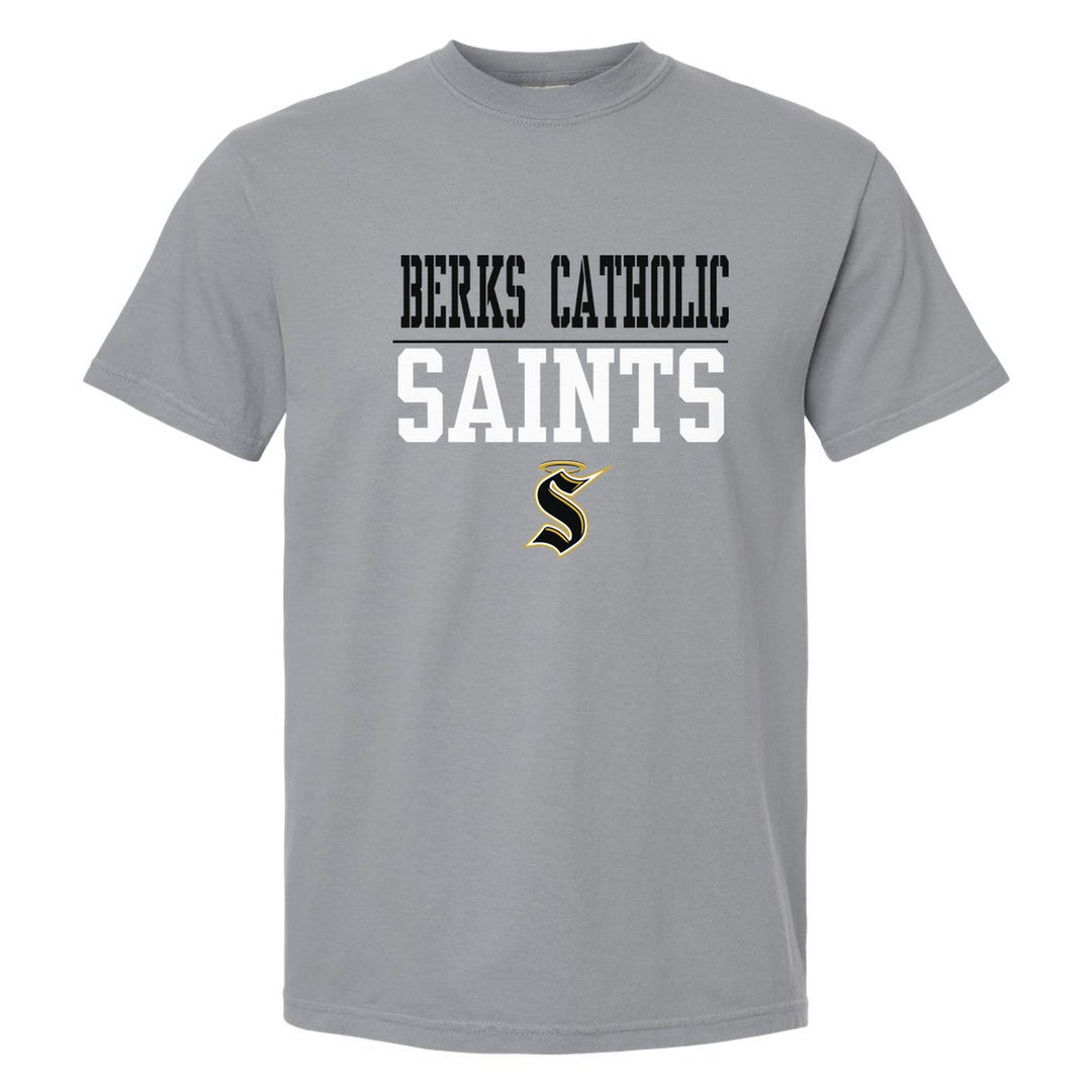 Berks Catholic Saints Split Block comfort colors t-shirt in Granite: BERKS CATHOLIC over a thin rule, big SAINTS block letters and the halo S
