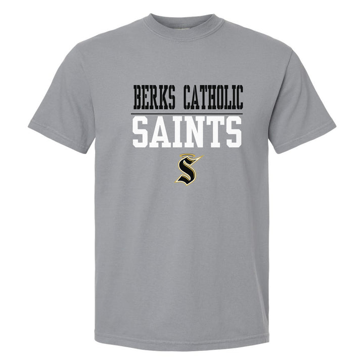 Berks Catholic Saints Split Block comfort colors t-shirt in Granite: BERKS CATHOLIC over a thin rule, big SAINTS block letters and the halo S
