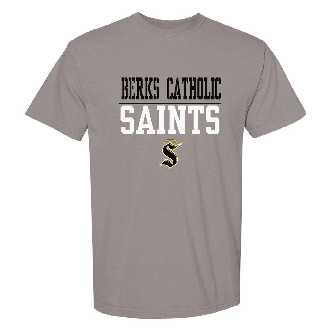 Berks Catholic Saints Split Block comfort colors t-shirt in Grey: BERKS CATHOLIC over a thin rule, big SAINTS block letters and the halo S