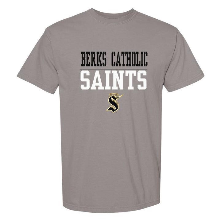 Berks Catholic Saints Split Block comfort colors t-shirt in Grey: BERKS CATHOLIC over a thin rule, big SAINTS block letters and the halo S