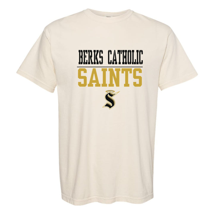 Berks Catholic Saints Split Block comfort colors t-shirt in Ivory: BERKS CATHOLIC over a thin rule, big SAINTS block letters and the halo S